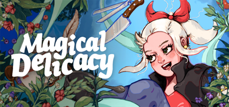 Magical Delicacy Game Cover Image with Flora smiling and the Game Title in front of a bright cloudy sky.