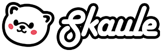 Skaule Logo with a small and round smiling bear that has red blushy cheeks.